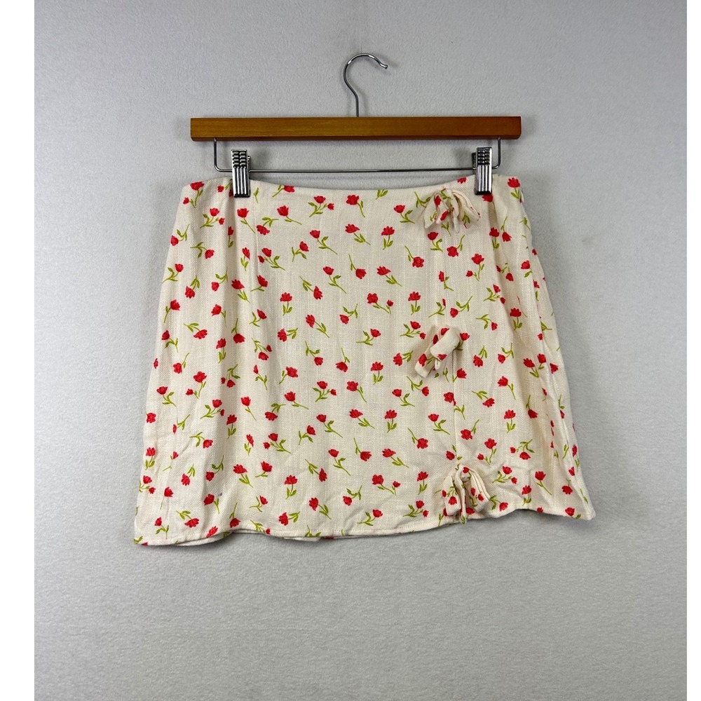 Sienna Sky Floral Mini Skirt Womens‎ Large Ivory Red Linen Blend Faux Wrap Tie L